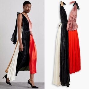 Victoria Beckham Asymmetric Pleated V-Neck Midi Dress Size 6 NWT Colorblock